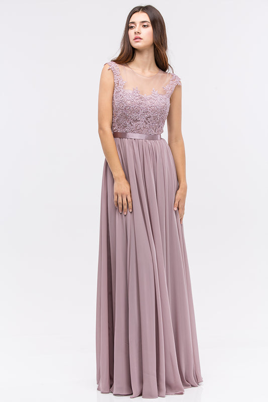Elegant Illusion Lace Top Floor-Length Chiffon Gown